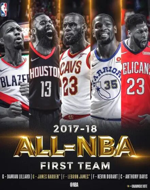2017-18赛季NBA最佳阵容:群星璀璨,闪耀联盟