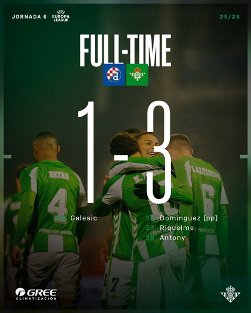 贝蒂斯闪电战!3-1客胜萨格勒布迪纳摩 欧联6轮不败跃居次席