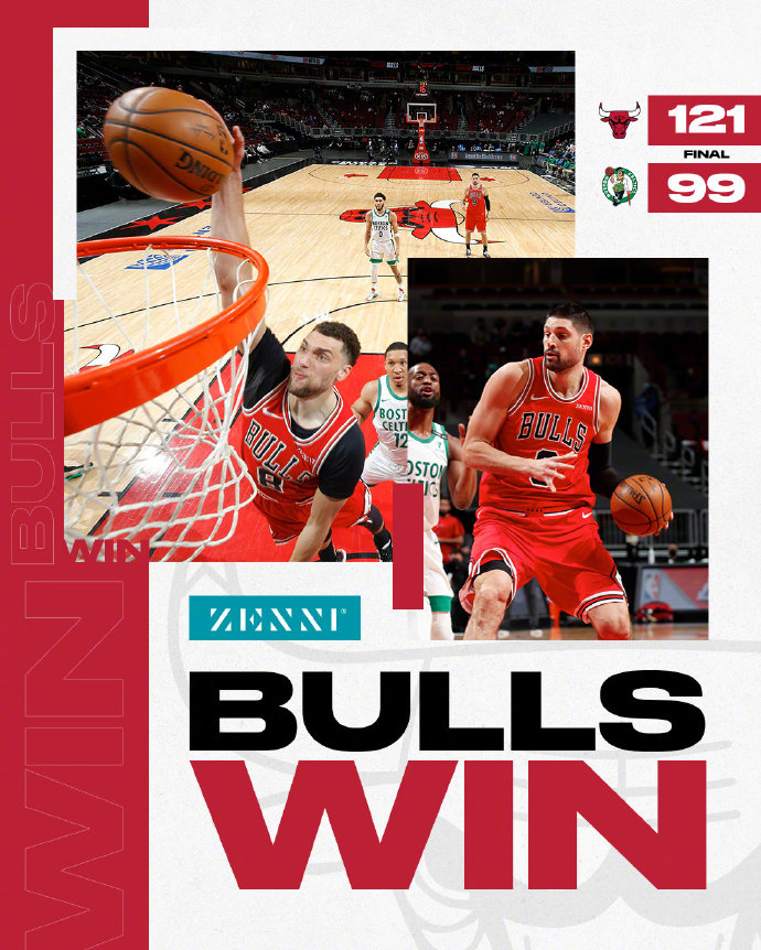 公牛121-99大胜凯尔特人 拉文25+5 武切维奇18+14+10 沃克33分