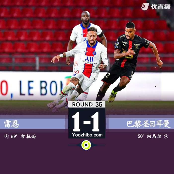 巴黎1-1雷恩 内马尔点射金彭贝染红
