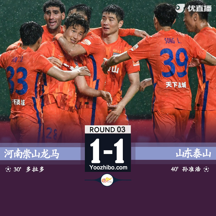 山东泰山1-1河南 多拉多破门孙准浩处子球扳平