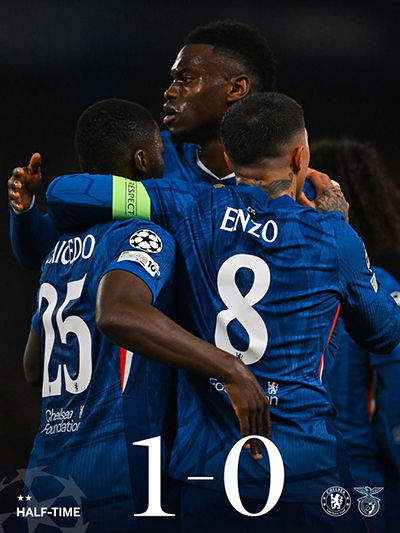 欧冠：切尔西1-0本菲卡 加纳乔造乌龙 佩德罗染红