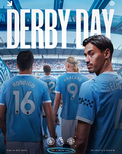 <a href=/zuqiugengduo/mancheng/ target=_blank class=infotextkey>曼城</a>晒德比大战海报：哈兰德、罗德里、赖因德斯步入伊蒂哈德