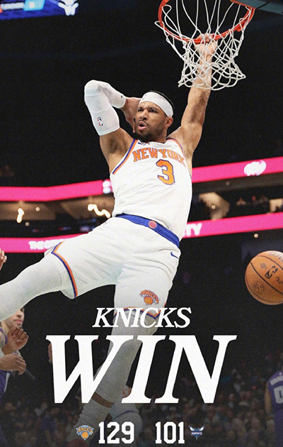 NBA杯-尼克斯129-101送黄蜂7连败，布伦森33分，鲍尔11+6&14中4