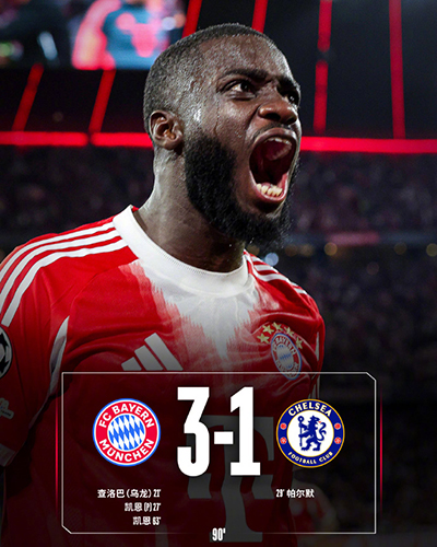 欧冠：拜仁3-1切尔西 凯恩双响 查洛巴乌龙 帕尔默破门
