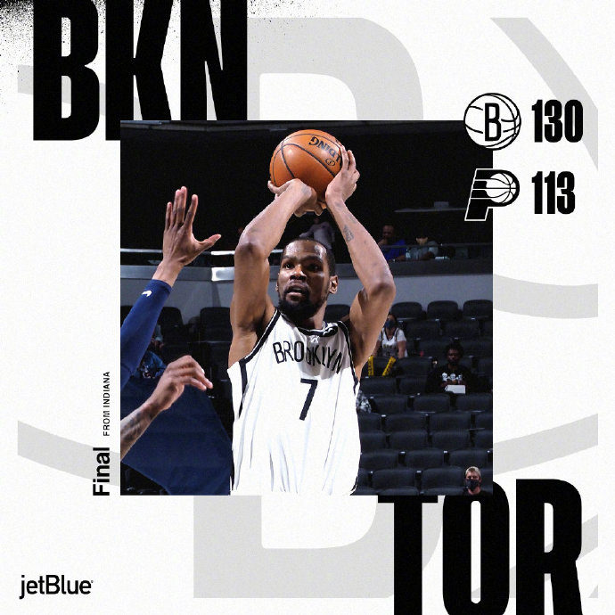 篮网战胜步行者 杜兰特42+10 A-约翰逊20+21 勒韦尔36+5